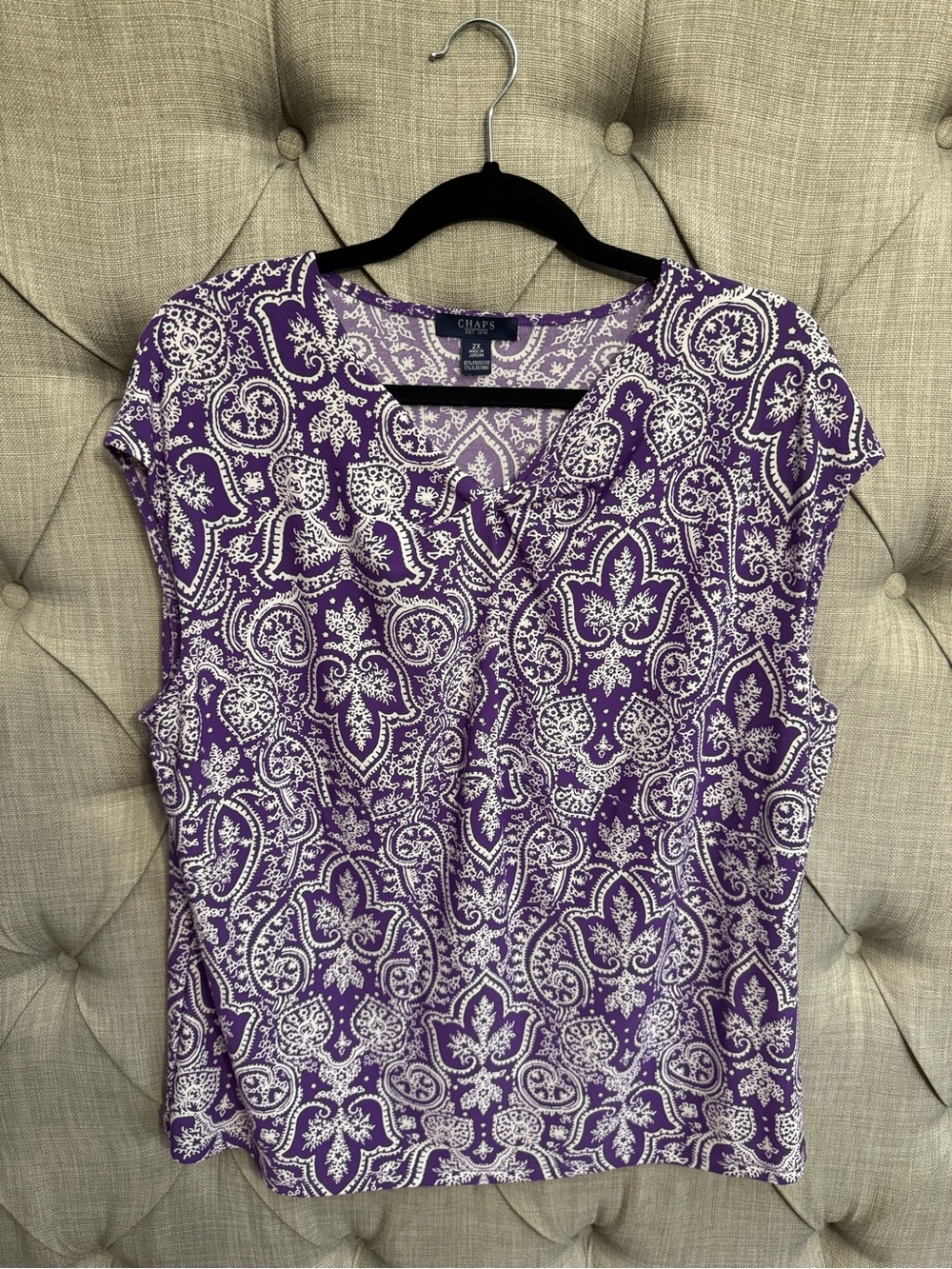 Chaps Purple Paisley Cap Sleeve V-Neck Blouse